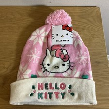 Hello Kitty Beanie Hat Cap Winter Pink/White christmas Pom Cuffed NEW