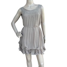 Double Zero Women's S Taupe Pleated Mini Dress Layered Ruffle Hem V-Back