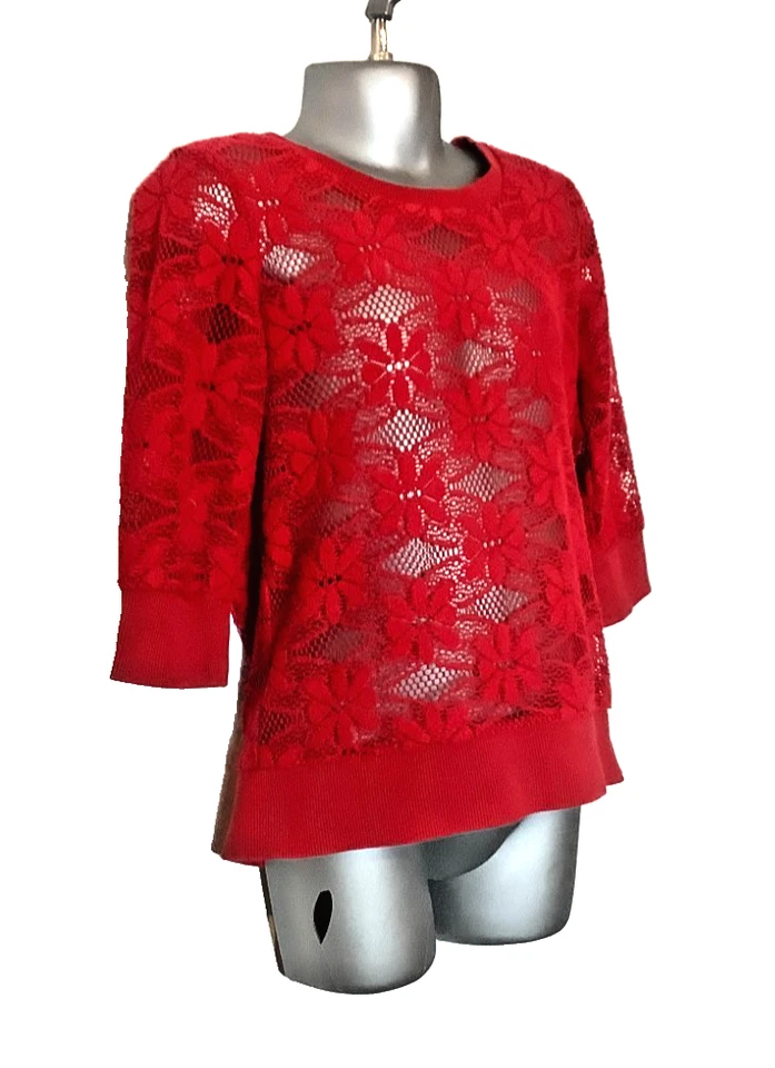 M&S Red Lacy Pointelle 3/4 Sleeve Top 6-7 years - Image 3 of 4