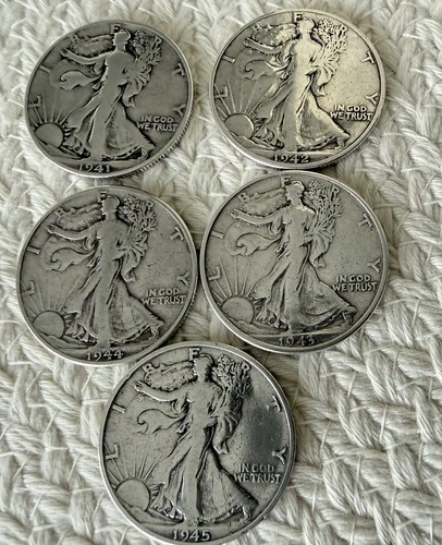 5 SILVER Walking Liberty Half Dollars ~ Consecutive 1941 -1946 (Ungrated Fine)