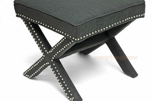 Hallway Bedroom Bench Stool Ottoman Nail Head Trim Black, Gray, Blue, White - Picture 15 of 31