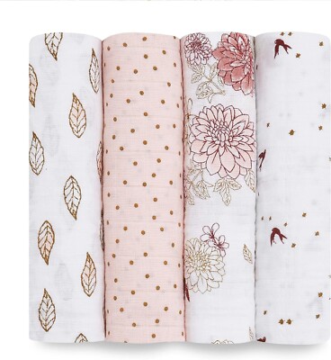 Aden + Anais 100 % Baumwolle Viererpack Dahlie Musselin Swaddle & Empfangsdecke Neu in OVP