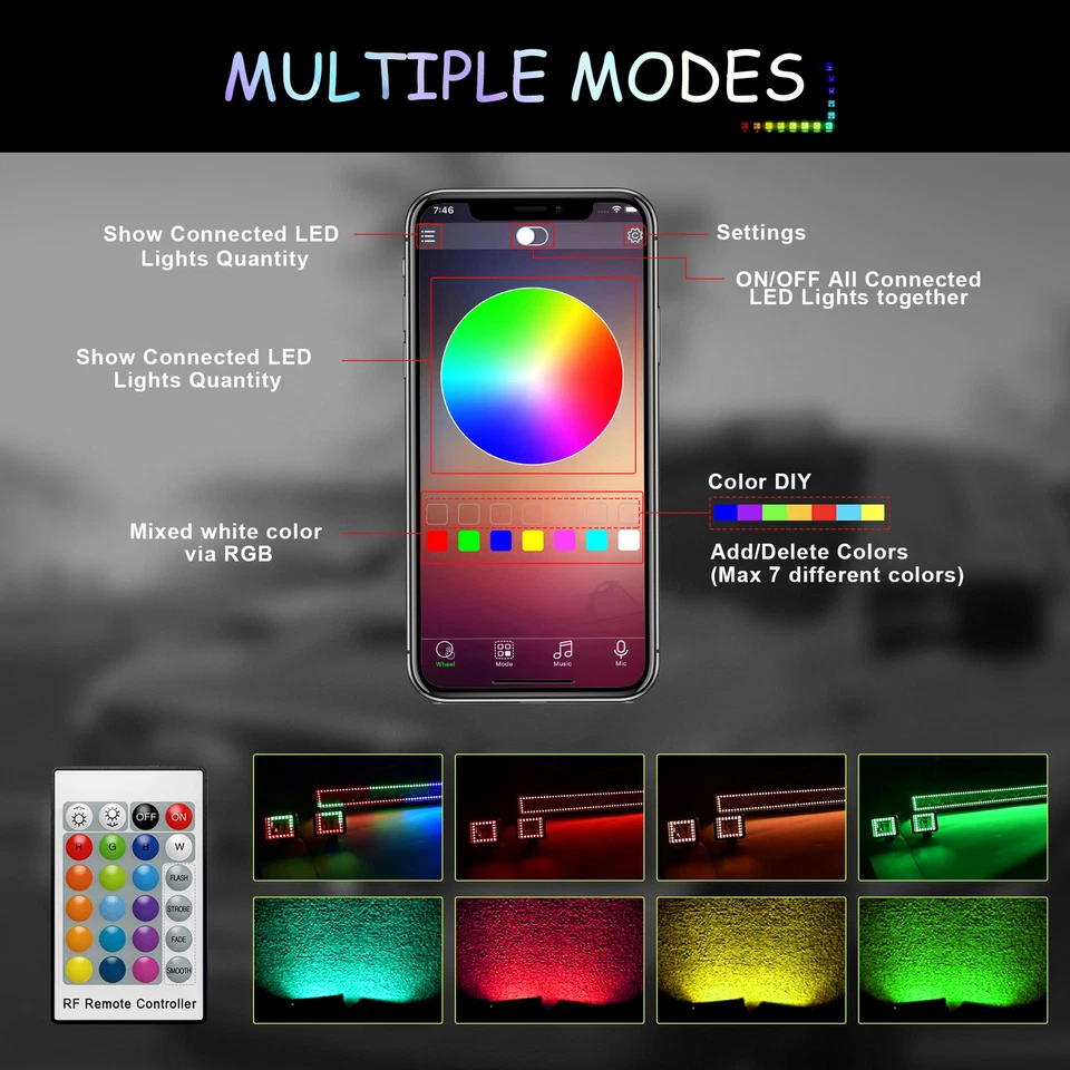 52"  LED Light Bar Offroad Driving Remote RGB Halo Color Changing For 4x4 ATV Foto 3 de 4