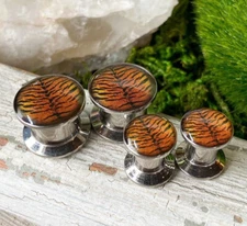 PAIR Steel Tiger Print Logo Stash Plugs Gauges Earlets Body Piercing Jewelry