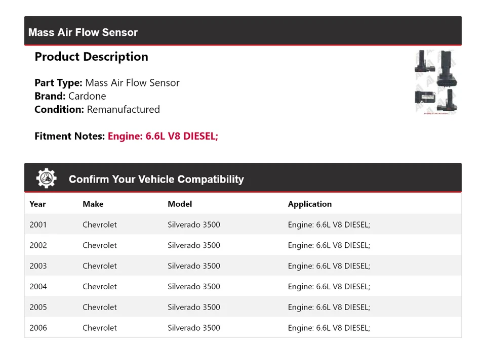适用于 2001 - 2006 年雪佛兰索罗德 3500 6.6 升柴油质量空气流量传感器 Cardone — 第 2/4 张图片
