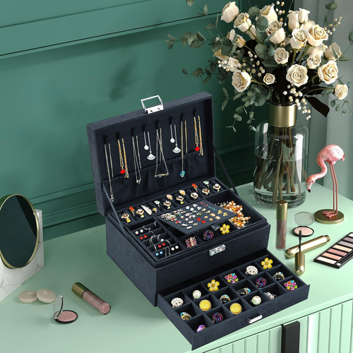 Jewelry Boxes for Women, Black Velvet Organizer with Lock, Earring & Necklace Ho - Picture 4 of 21