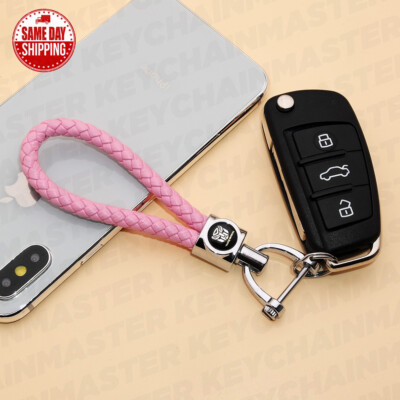 Pink Weave Calf Leather Transformers Logo Car Key Chain Ring Gift Decoration