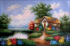 Stretched, Pond Side Cottage III, Quality Hand Painted Oil Painting 24x36in
