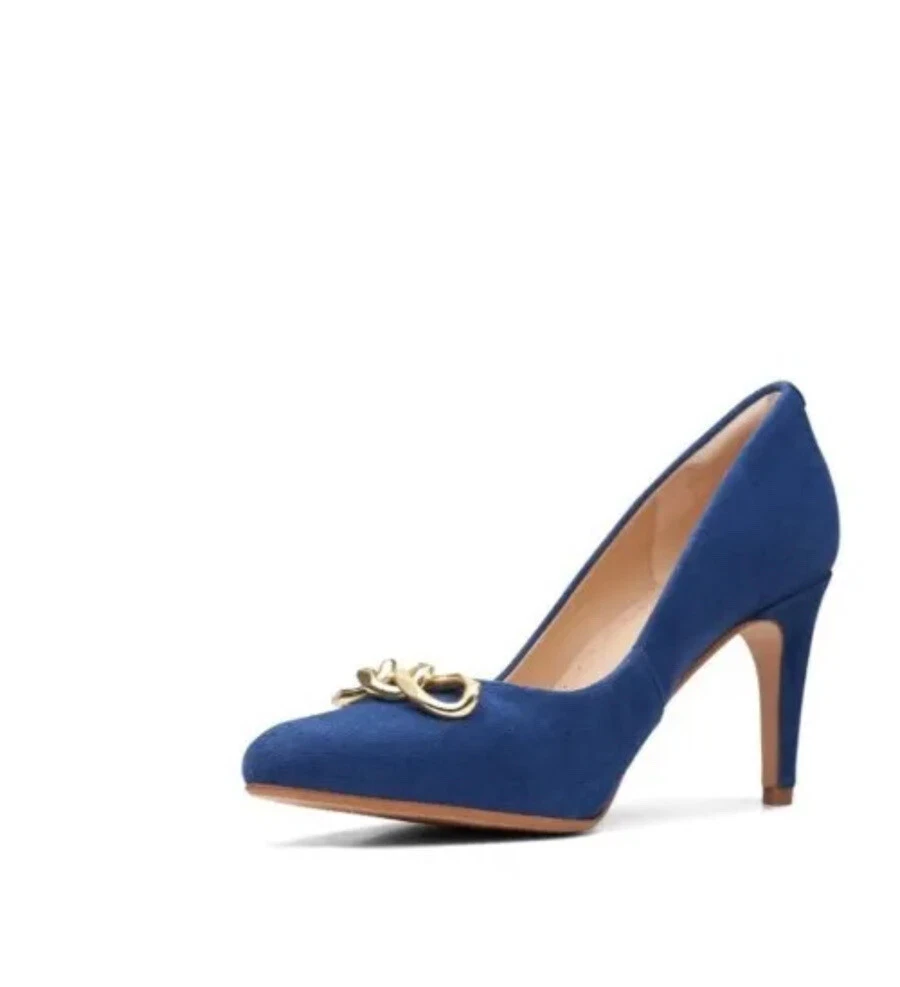 Clarks Laina85 Trim Blue Suede Heels Gold Chain Pointy Toe Shoe UK 5.5 D EU 39