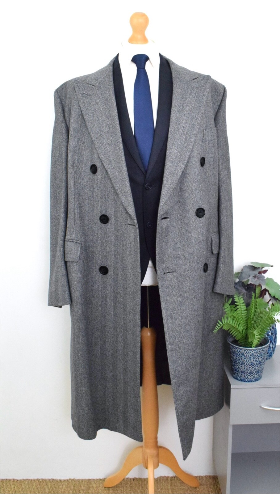 FILA Cappotto tweed a spina di pesce su misura GIEVES & HAWKES taglia 40S 50S grande corto vintage