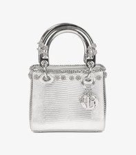 Christian Dior Silver Lizard Leather, Flower Studded Mini Lady Dior
