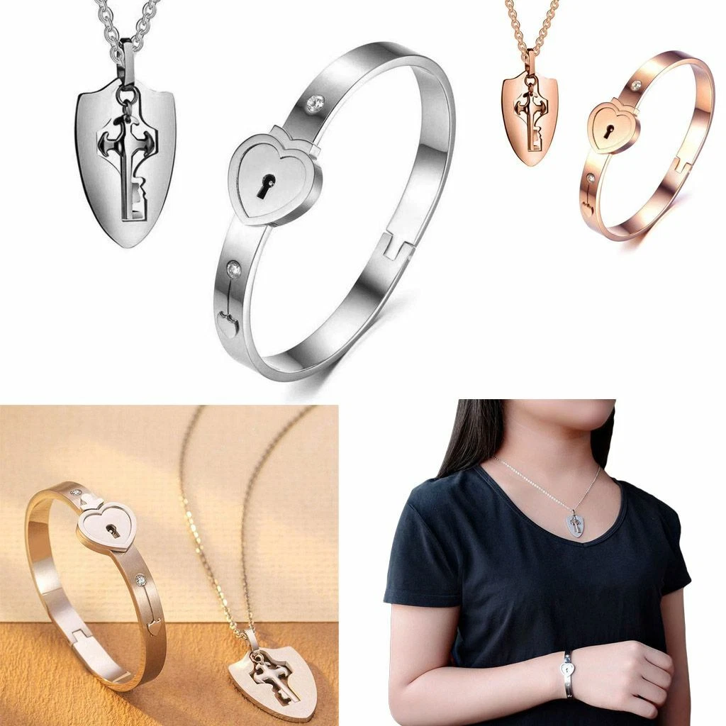 (Pure Gold Color) Stainless Steel, Jewelry Love Heart, Lock Bracelet, Key Pendant, Necklace Jewelry