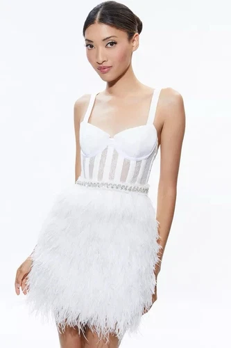 OFF WHITE MINI ABITO ALICE + OLIVIA SHIA TRASPARENTE BUSTIER PIUMATO BIANCO SPORCO MANDORLA TAGLIA 2