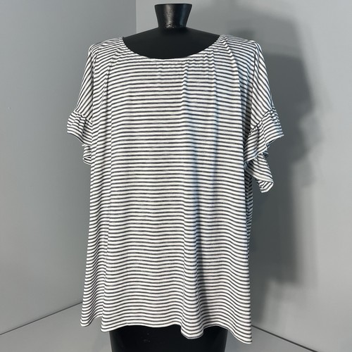 Max Studio Top Womens 3XL Short Ruffle Sleeve White Blue Breton Striped Nautical