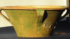 r493 Antico catino vaso in terracotta smaltato 4 manici GROTTAGLIE XIX secolo