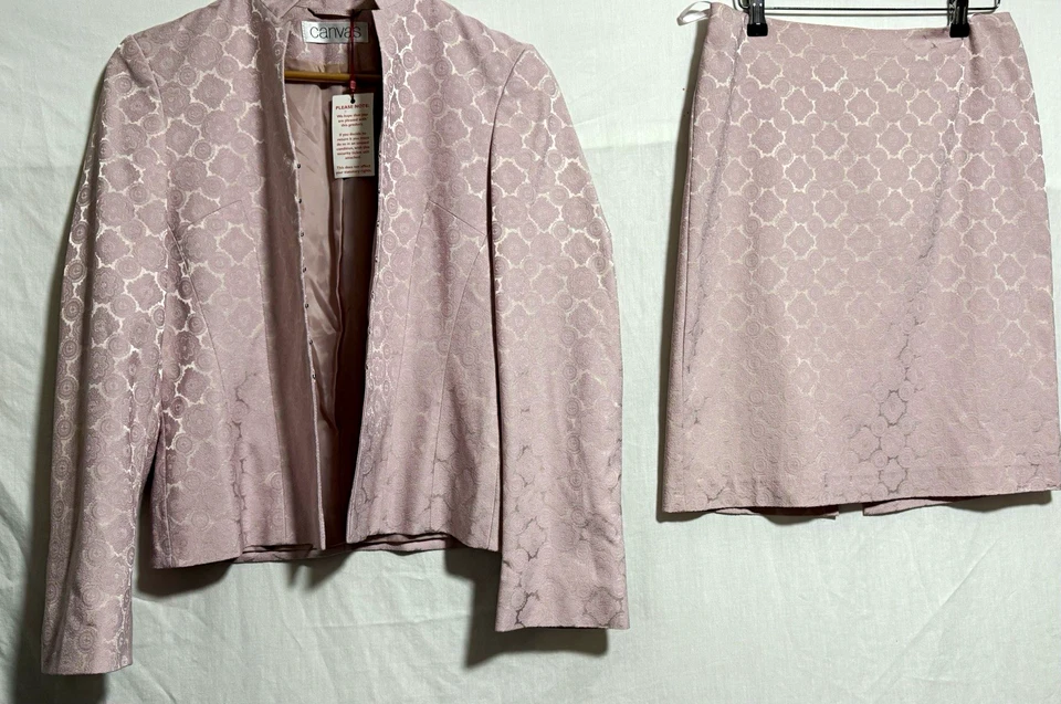 Canvas Women Pink Jacquard 2pc Jacket & Skirt Suit Set Size UK 10 - Image 1 of 4