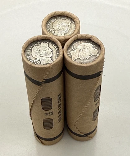 SILVER BARBER DIME showing on vintage unsearched old wheat penny window roll us