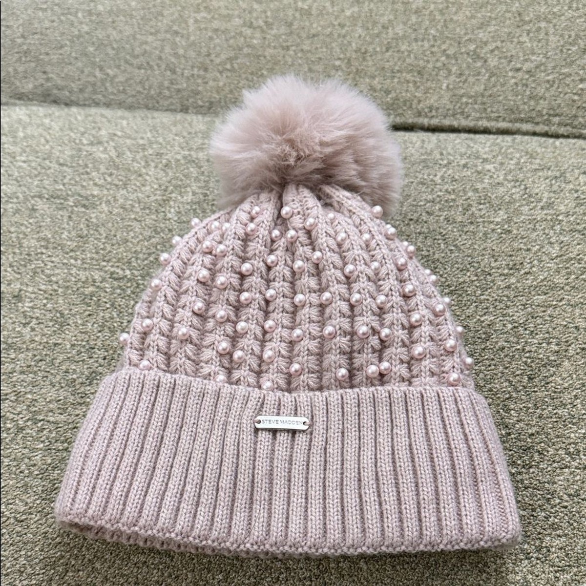 Steve Madden Blush Knit Beanie with Pom Pom View 5