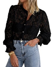 Womens Dressy Casual Lace Blouse Long Sleeve Button Up Shirts Tops Spring Fal...