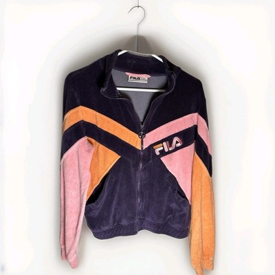 Women s Velour FILA Full Zip Up Jacket Color Block (AOP) Size (Sm) Softness