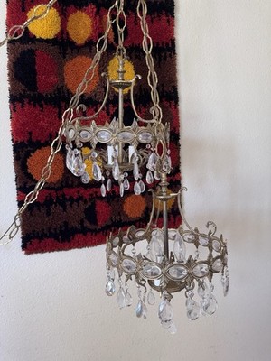 Vintage 60s PAIR Waterfall Crystal Swag Lamp Hollywood Regency Set 2 Two