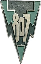 807 - 1 Cie de Transmissions, aluminium painted, blue background, T and black lightning