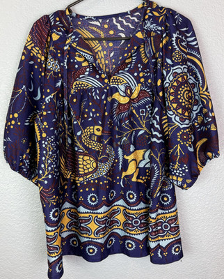 Boho Batik Print Shirt Womens Large Blue Yellow Peasant Tunic Balloon Sleeve
