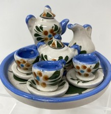 Miniature Vintage Floral Blue Hand Painted Mexican 12 Pieces Tea Set.