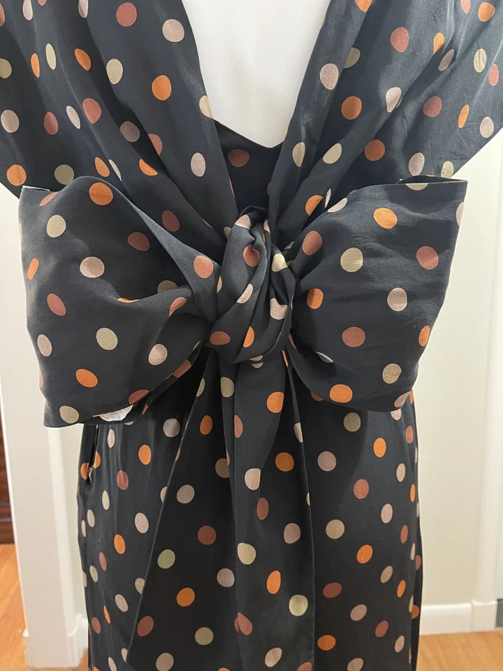 RARO 1980 DE COLECCIÓN ALBERT NIPON LARGO LAZO TRASERO NEGRO Lunares TODO Vestido de Seda, Talla 2 Foto 4 de 4