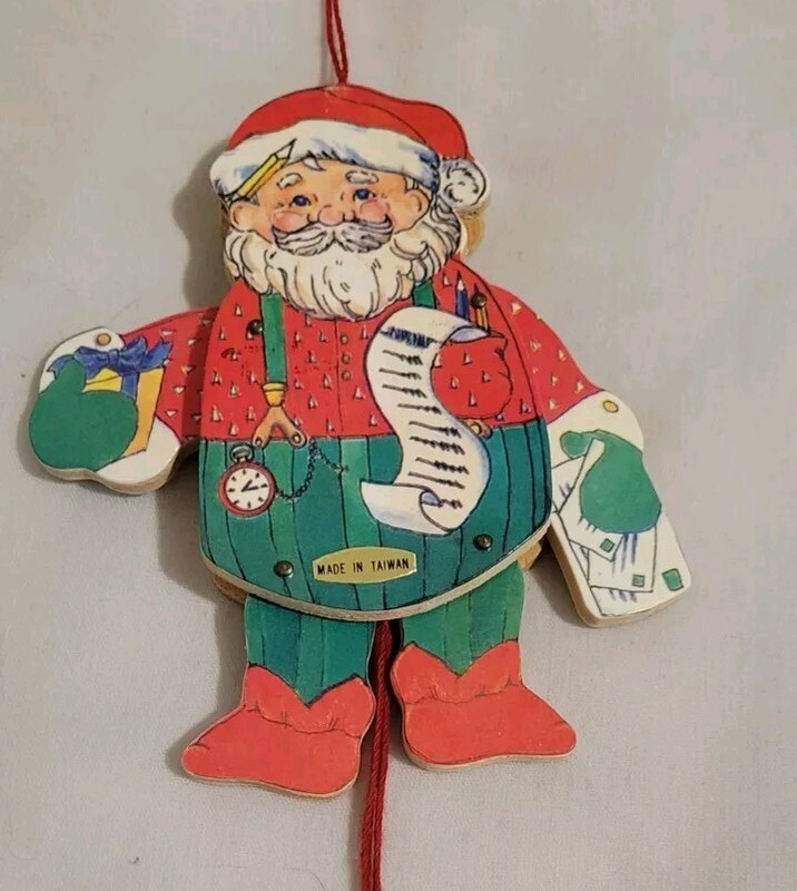 VINTAGE WOOD SANTA PULL STRING JUMPING JACK CHRISTMAS ORNAMENT