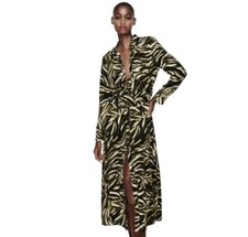 Zara Animal Printed Party Belted Long Sleeve Shirt Midi Dress Size M
