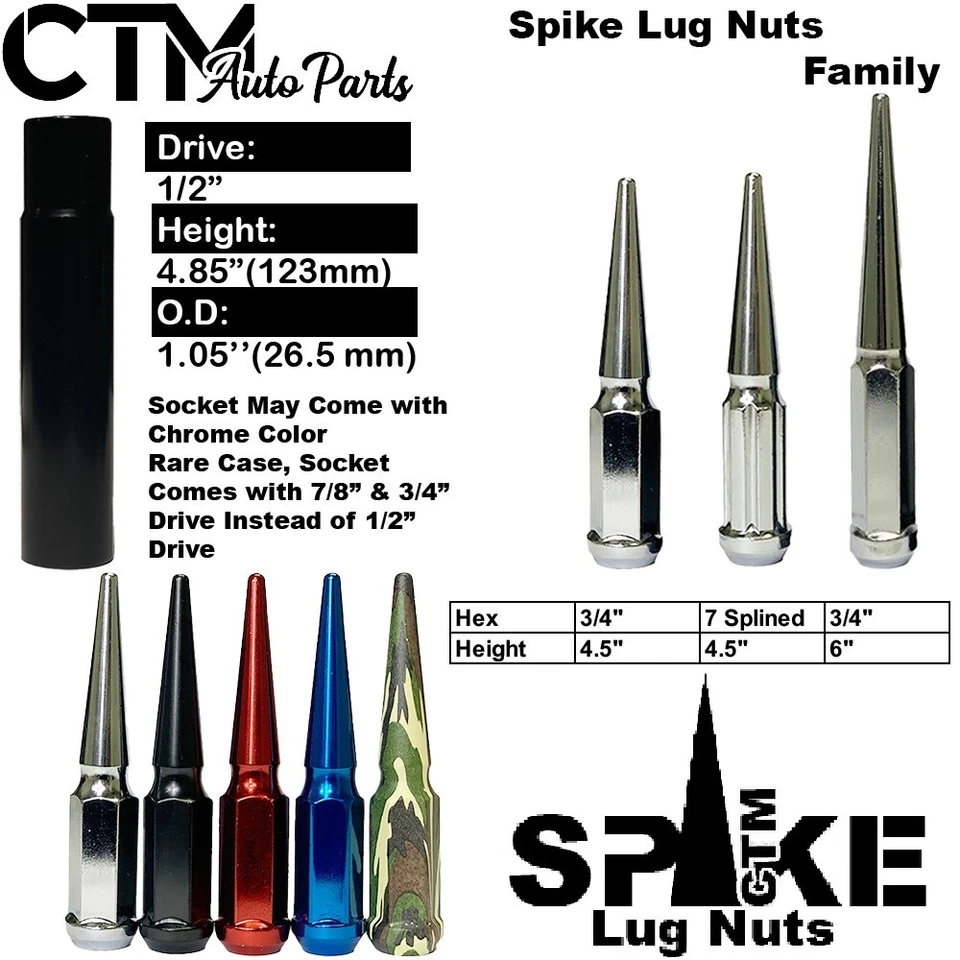 16x 4.5" Tall 12x1.5 Chrome Spike Lug Nut 3/4" Hex + Key Fit Ford Chevy - Image 3 of 4
