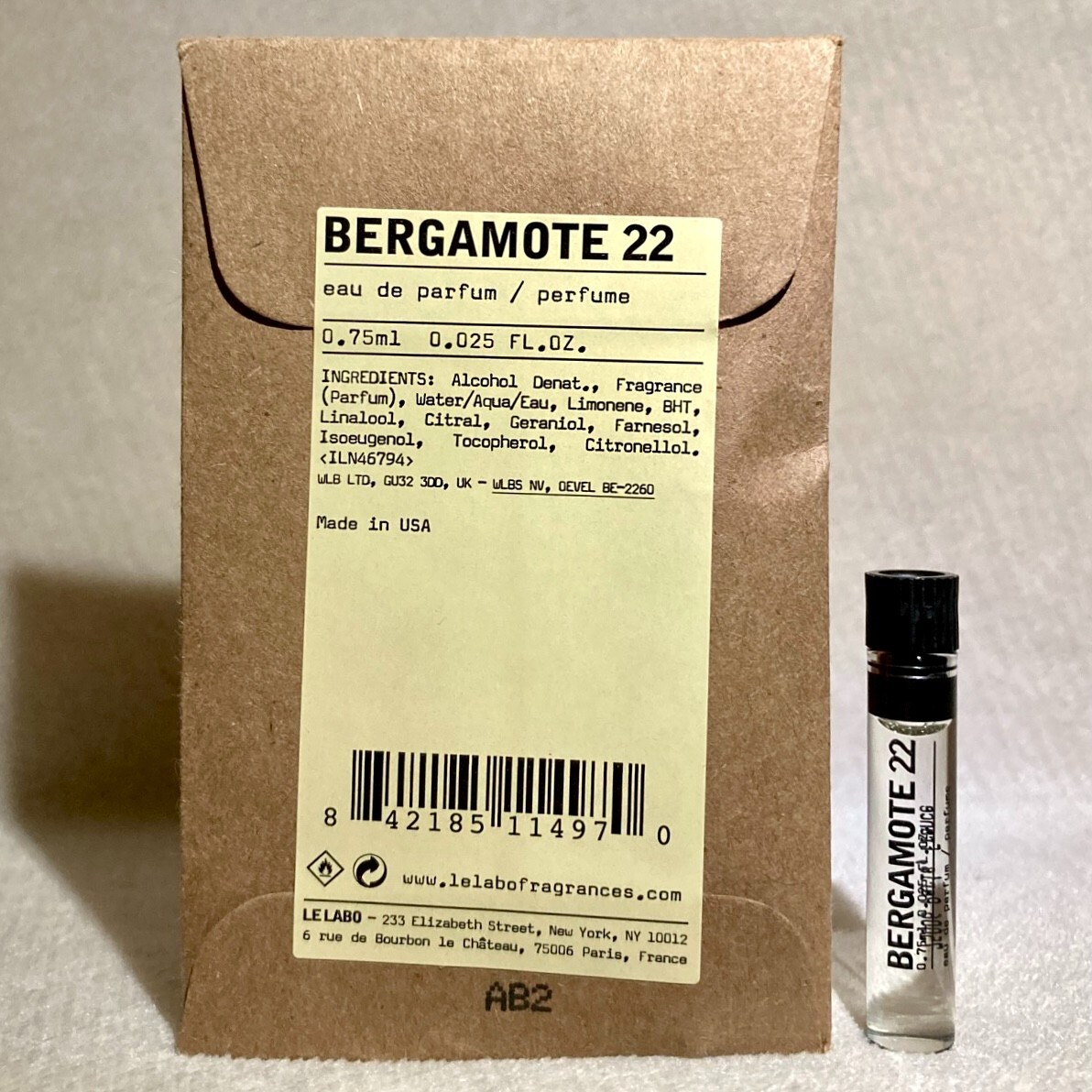 Le Labo Bergamote 22 Eau de Parfum EDP Sample Vial .025oz, .75ml