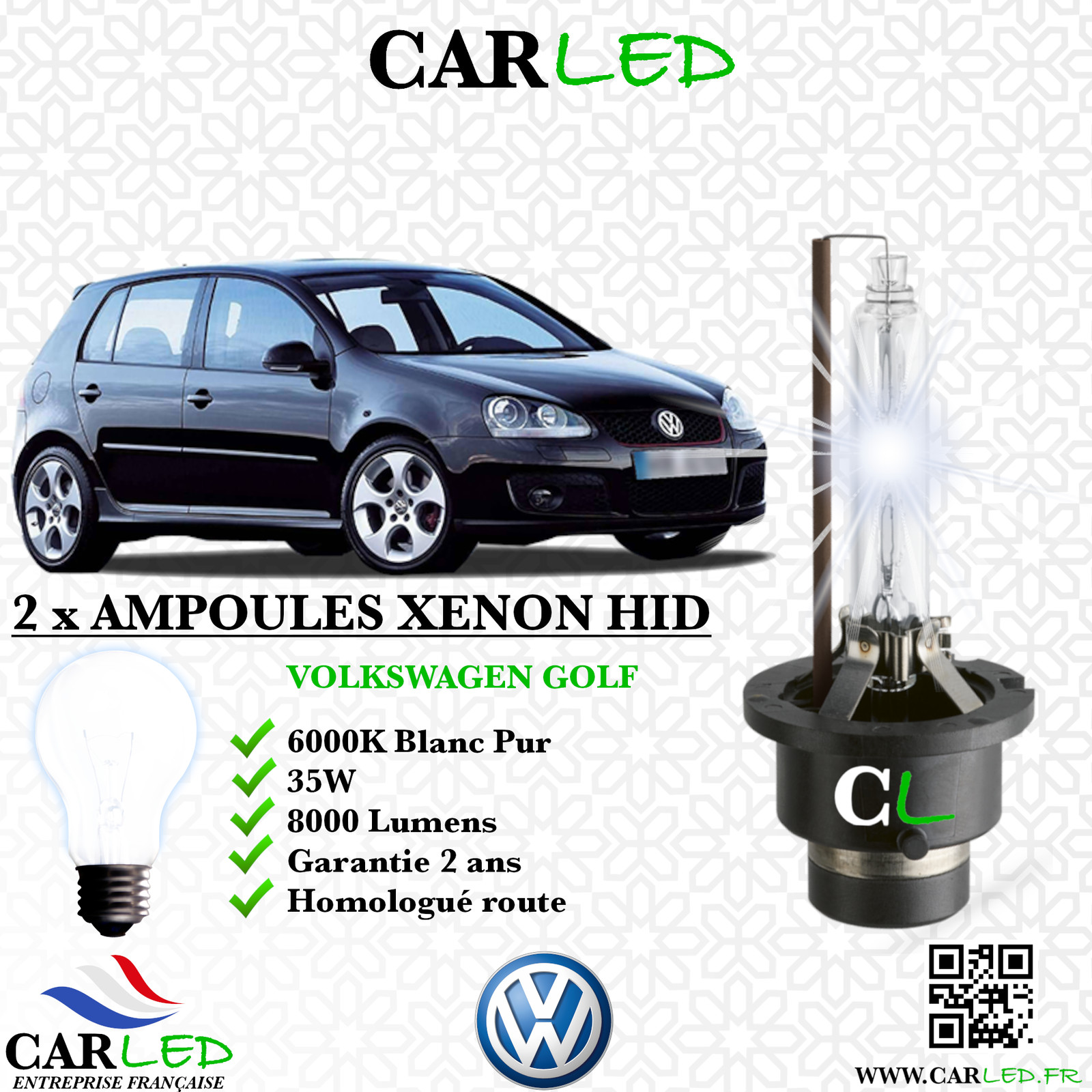 Kit Ampoule HID Xénon 35W Golf V - CARLED 6000K 8000lm feux de croisement pour Volkswagen