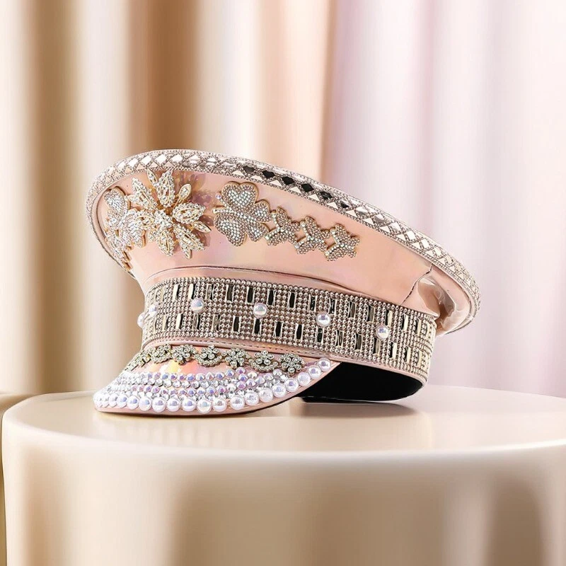 Mujeres Brillo Estrás Cuero Capitán Sombrero Rave Festival Fiesta Disco Gorra Foto 4 de 4