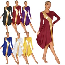 US Women Metallic Color Block Worship Church Praise Dance Dress Tunic Gown