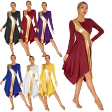 US~ Women Metallic  Color Block Worship Church Praise Dance Dress Tunic Gown 