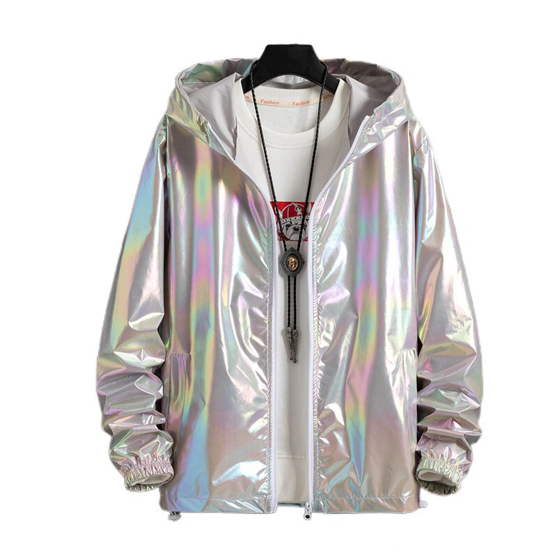 Men Women Shiny Hoodie Coat Iridescent Holographic Jacket Harajuku