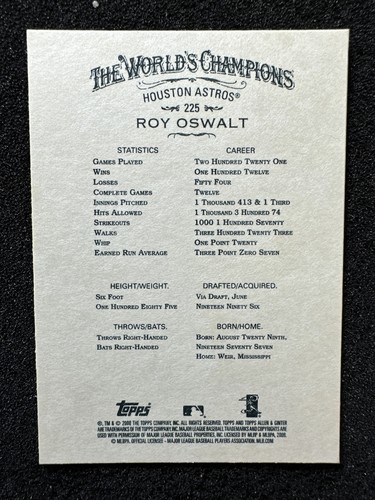 ROY OSWALT #225 2008 Topps Allen & Ginter's QTY Houston Astros - Picture 2 of 2