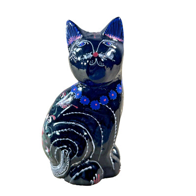 Black Lacquer Cat Figurine Hand Painted Multi Colored Red & Blue Flowers 3'' Tall