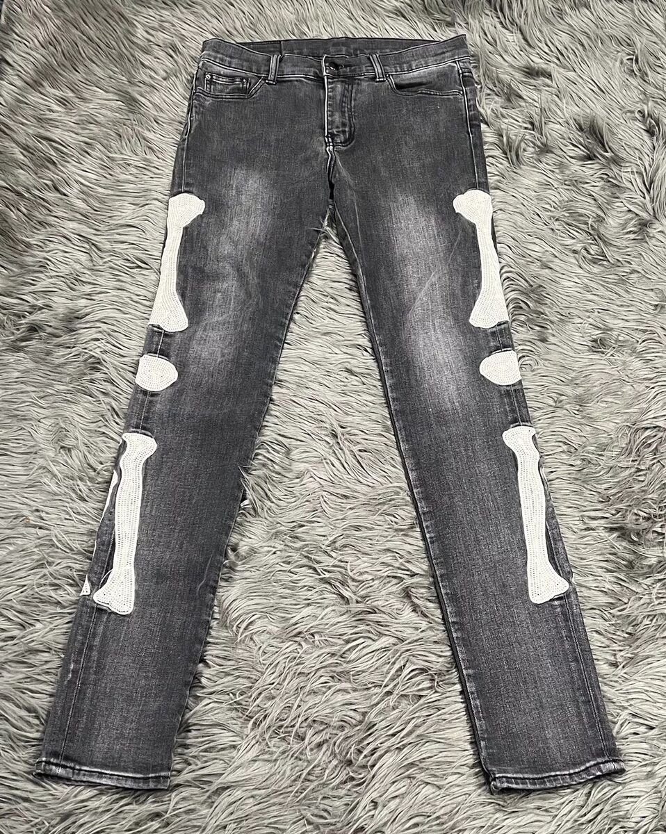 MNML Men's Embellished Skeleton Bone Distressed Denim Jeans MNML Men's Embellished Skeleton Bone Distressed Denim Jeans
