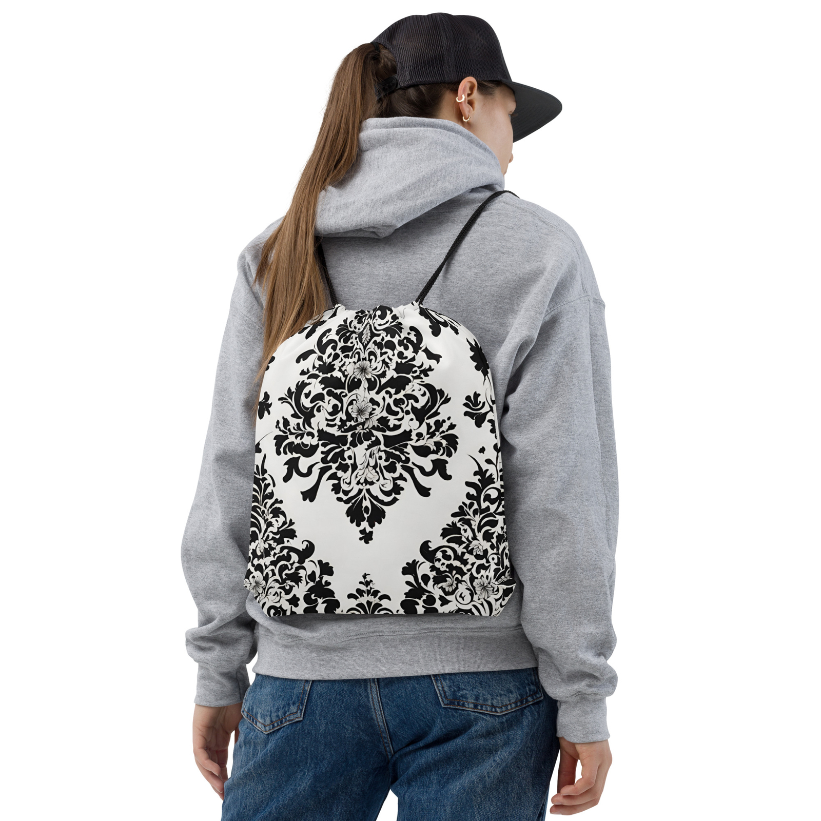 Drawstring bag-Black/White Brocade