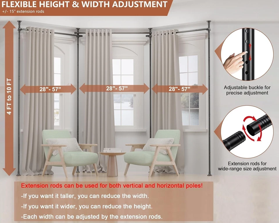 Varilla de tensión divisoria de habitaciones, sin taladro, ajustable 28-171" de ancho x 4-10' de alto, negro mate Foto 2 de 4