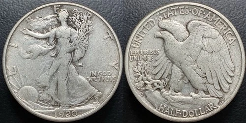 1920 S Walking Liberty Half Dollar 50c 90% Silver US Coin Choice Original VF+