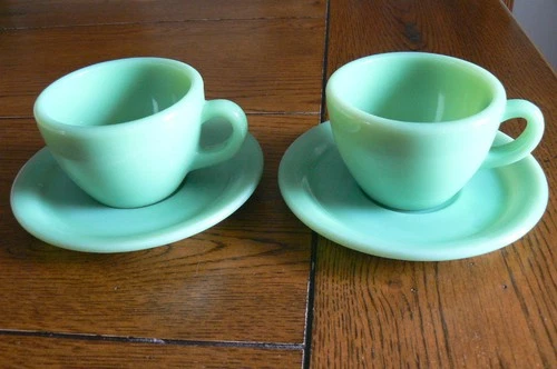 2 Sets Fire King Jadeite Restaurant Ware Cups & Saucers C Handle FREE US SHIP