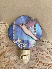 Stained Glass Iridescent Blue W Hummingbird- Night Light- Wall Plug In