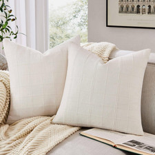 Linen Checked Throw Pillow Covers Set of 2, 18X18 Inch Ivory/Cream, Farmhouse De