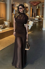 ZARA BNWT 2025. CHOCOLATE DRAPED CONTRAST TULLE MIDI DRESS. 4772/252/717 SIZE M
