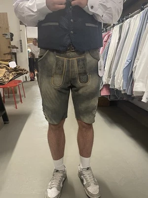 kurze Lederhose grau mit Gürtel oder Hosenträger antik look Leder Neu - Bild 1 von 4
