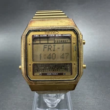 Seiko Digital Watch Men 34mm LCD Gold Tone Memo Sign Table D409-5000 New Battery